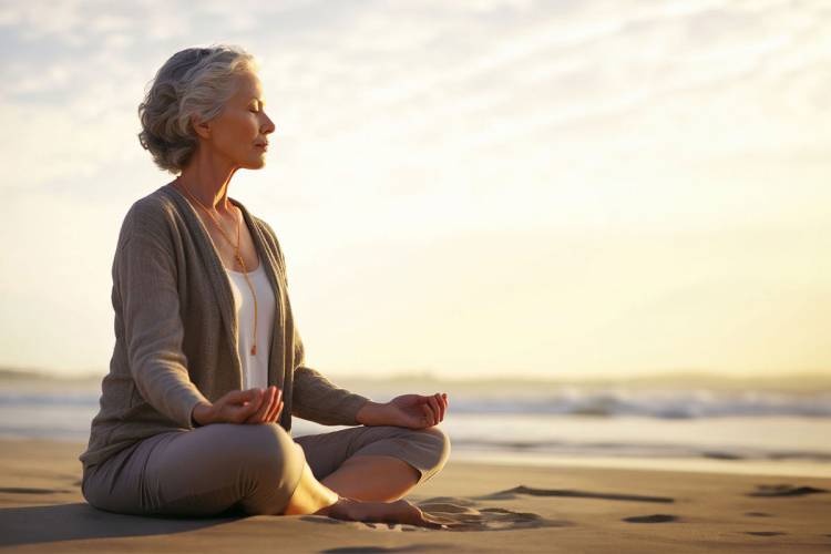 Frau meditiert beim Sonnenuntergang am Ostseestrand auf Rügen beim Meditationsangebot des Grand Hotel Binz.