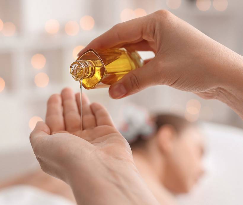 Close-up of the massage oil used in treatments during the Stress-weg-Kur at the Grand Hotel Binz.