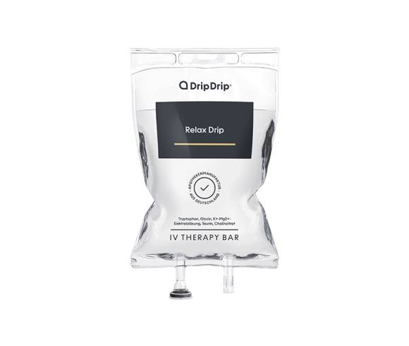 Transparent gefüllter Infusionsbeutel Relax Drip zur sanften Entspannung von Körper, Geist und Muskulatur.