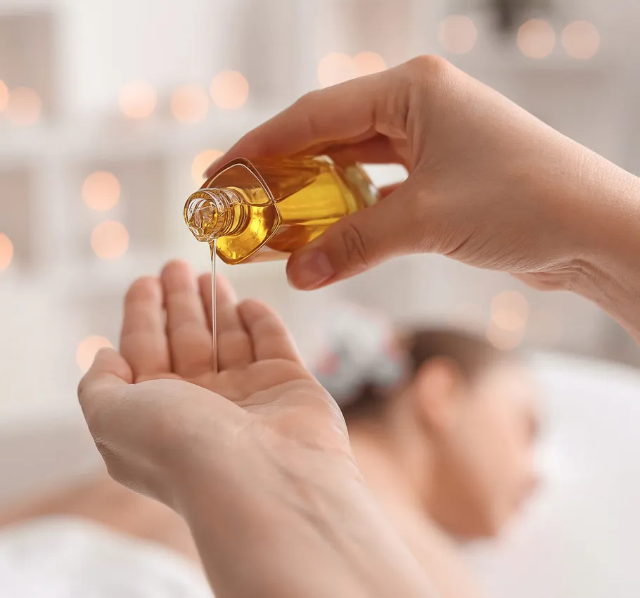 Close-up of the massage oil used in treatments during the Stress-weg-Kur at the Grand Hotel Binz.