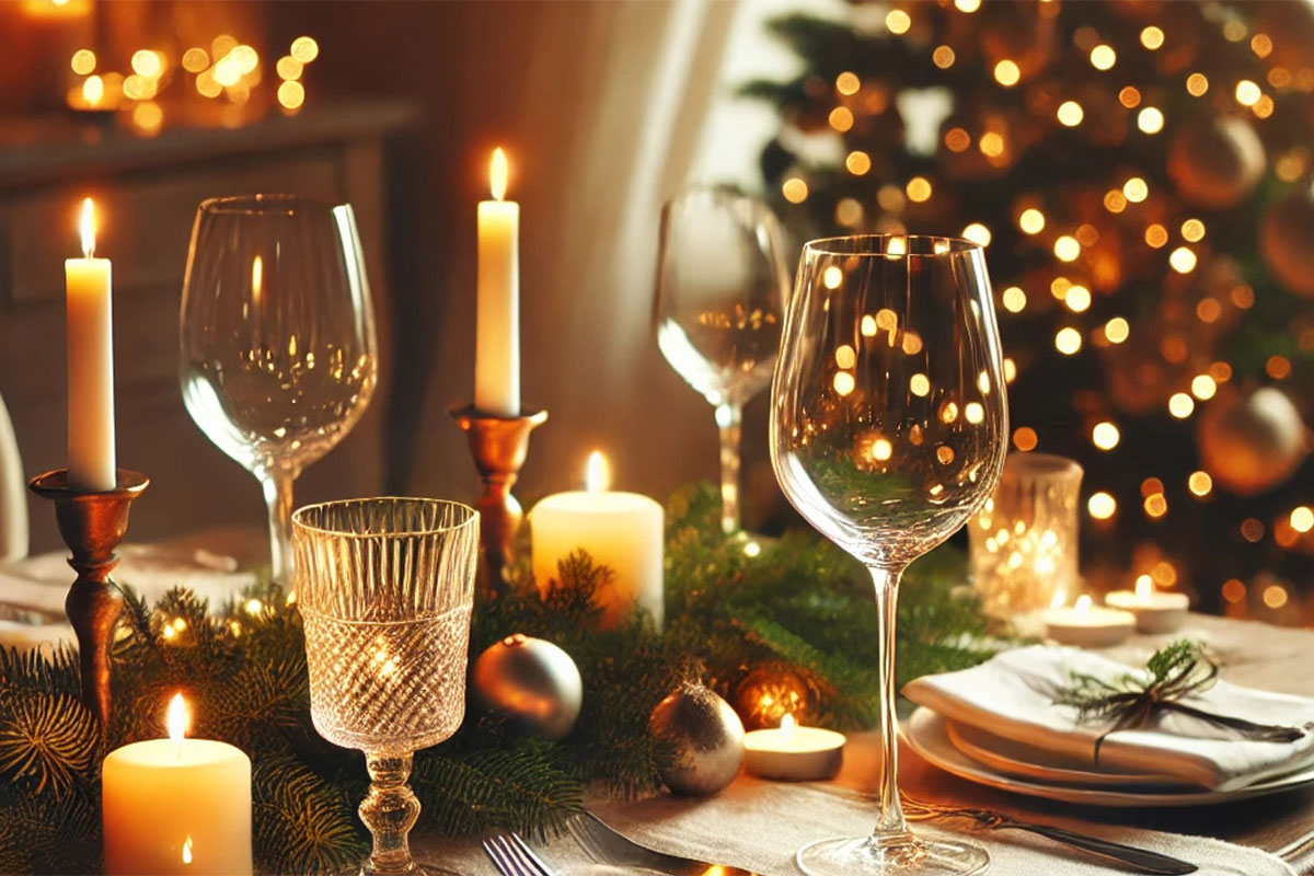 Elegante Tischdekoration mit Kerzenlicht, Tannenzweigen und Weingläsern beim festlichen Weihnachtsmittagessen im Grand Hotel Binz.